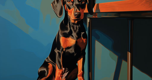 A black and tan puppy under a bar stool