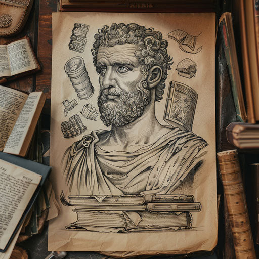 Animated tattoo sketch of Marcus Aurelius in a library