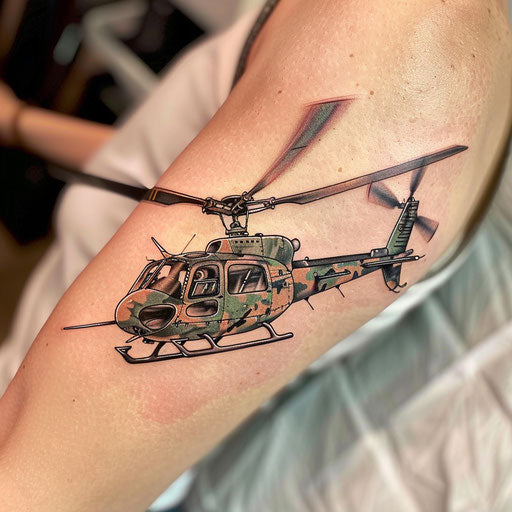Military helicopter vibrant color tattoo camouflage white