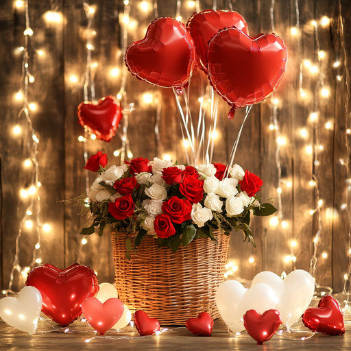 Romantic Valentine's Day setting with roses and heart-shaped balloons