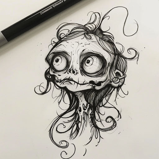 Flat tattoo sketch of a shrunken head with elegant, flowing hair and piercing eyes