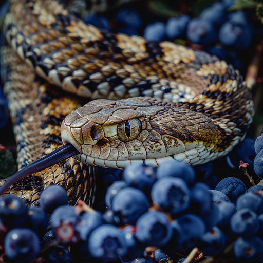 Close-up of massasauga rattlesnake tongue with wild blueberries