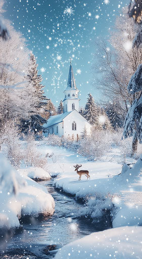 White church in snow with deer and rabbits