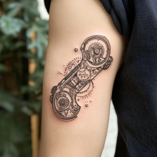 Tricep tattoo of an intricate clockwork mechanism