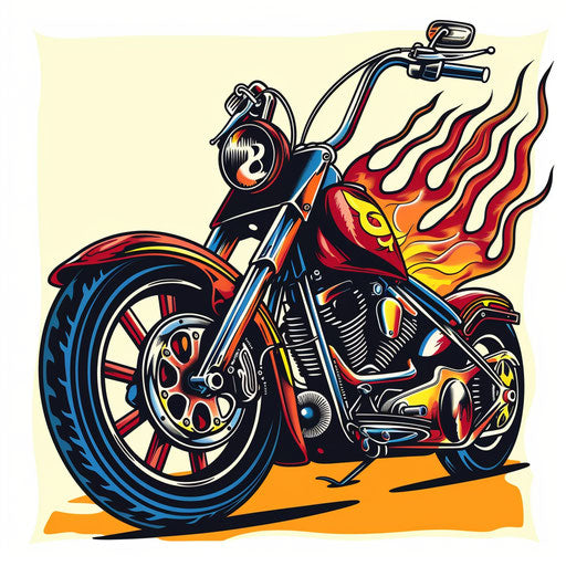 Motorcycle and flames tattoo in American traditional style