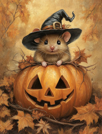 Brown mouse with witch hat on pumpkin, Halloween vibes