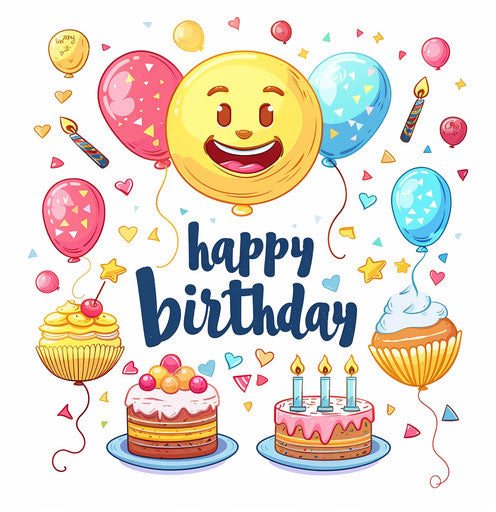 Happy birthday with balloons, cake, party decorations