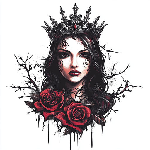 Crowned queen of roses and thorns in flat tattoo style