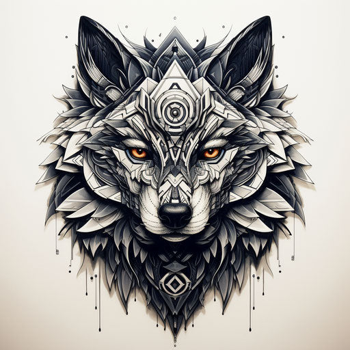 Wolf head with geometric designs, intricate pen illustrator style, raw vs finished, light white and dark black, intricate designs