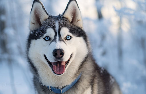 Smiling Siberian husky, light sky-blue and dark silver style