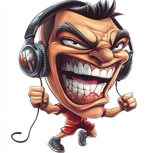 Humorous caricature of a headset with human characteristics
