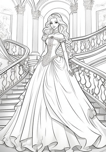 Barbie coloring page in her white dress, rococo extravagance style