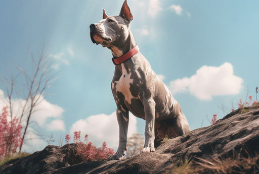 Dog standing on hill with blue sky background