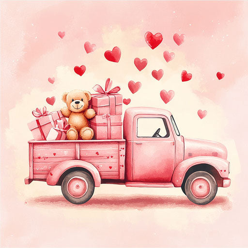 Pink truck with Valentine's Day gifts and teddy bears, hearts in the air, watercolor style with pastel colors on pink background.
