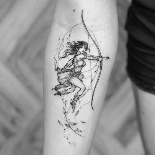 Energetic flat tattoo sketch of Artemis in motion with a trail of leaves