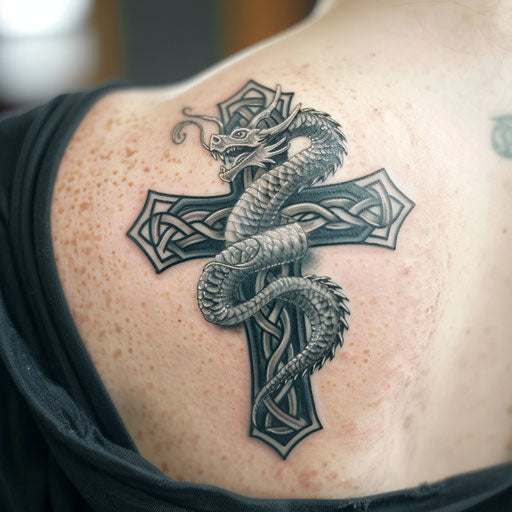 Celtic cross with coiled dragon, power and mystery