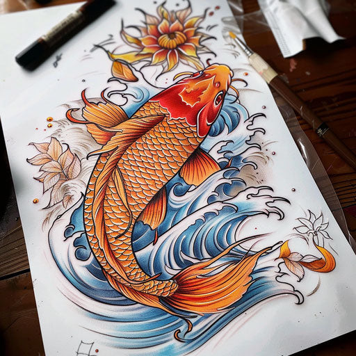 Sketch of traditional Japanese style tattoo of an aster flower with waves and koi fish elements