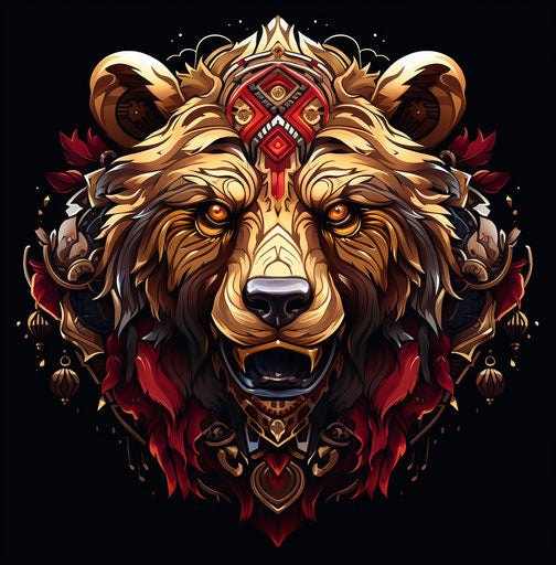 Bear head adorned with dark maroon and light brown, neotraditional design