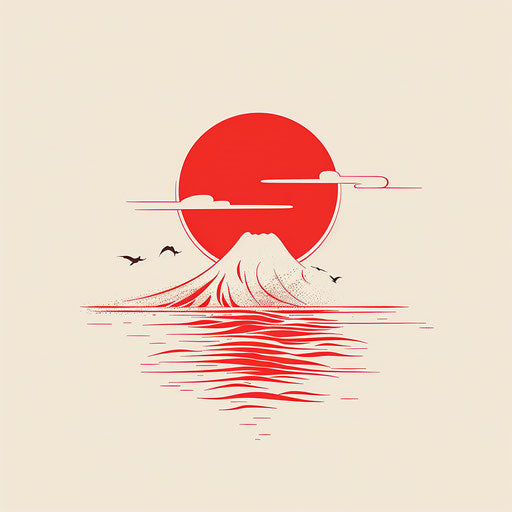 Minimalist sketch of a rising sun in red and white