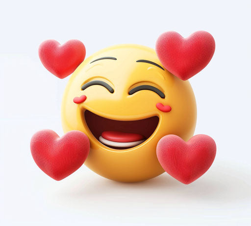 Yellow smiley face with closed eyes and open mouth, surrounded by three red hearts on white background