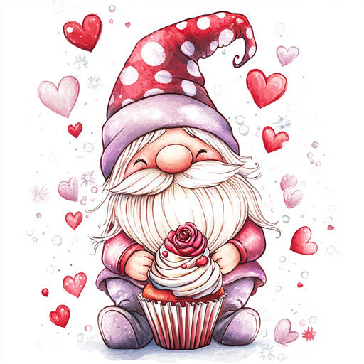 Valentine's Day gnome with roses and hearts, holding a cupcake