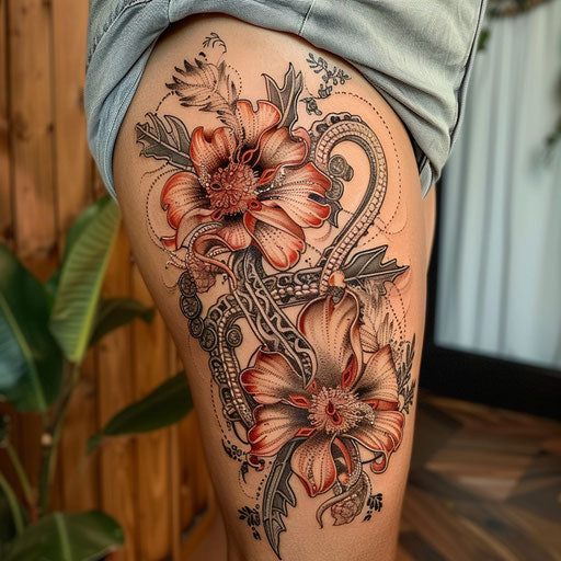 Biomechanical tattoo with botanical details, in the style of Maria Sibylla Merian