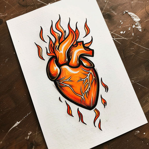 Vibrant flat tattoo sketch of a heart crying flames