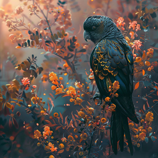 Yellow-tailed black cockatoo on a flowering bush