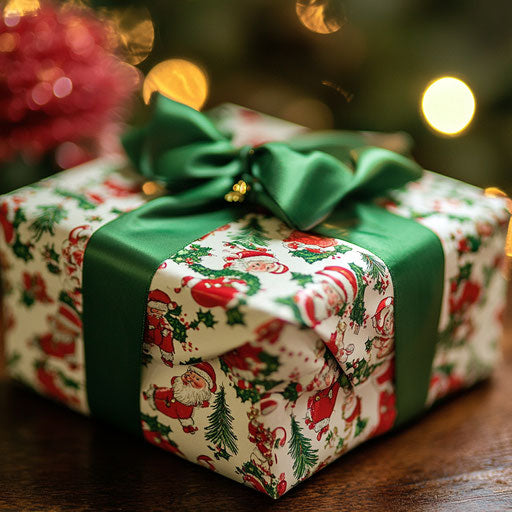 Whimsical Christmas gift, Santa Claus patterned wrapping paper, green ribbon.