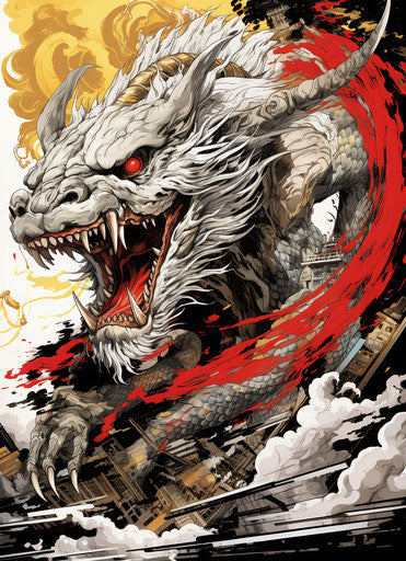 Traditional Chinese dragon art, full body, light gray and dark crimson stencils