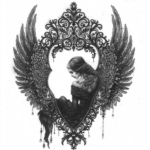 Elegant tattoo sketch of the angel of death in black and silver