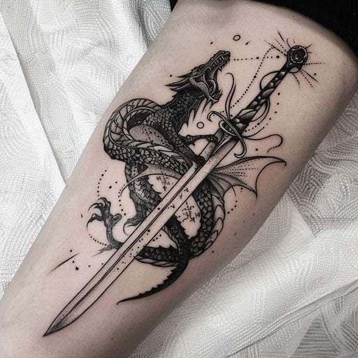 Black ink tattoo of a dragon wrapped around a sword, on a white canvas