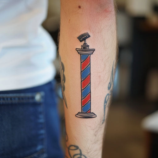 Minimalist flat tattoo sketch of a classic barber pole in bold red and blue stripes