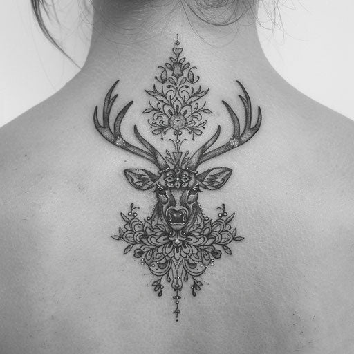Ornamental mandala-style deer tattoo with rich detail on white