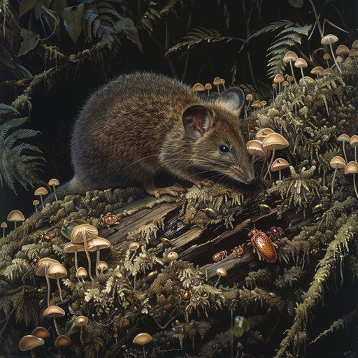 Exploration of a northern brown bandicoot on a moss-covered log