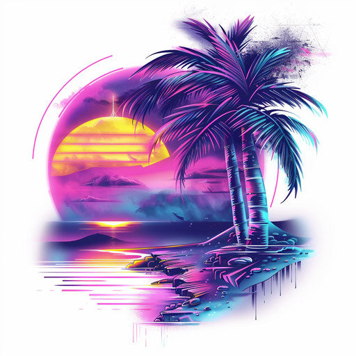 Futuristic cyberpunk beach with neon palm trees and digital sunset