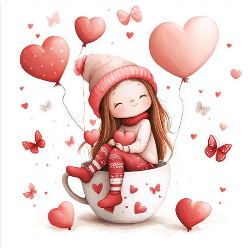 Cute girl in coffee cup surrounded by butterflies