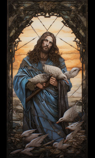 Jesus over a flock of sheep, wooden tattoo design