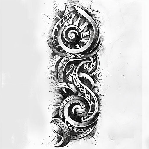 Dynamic flat tattoo sketch of a neo tribal sleeve with bold, swirling motifs
