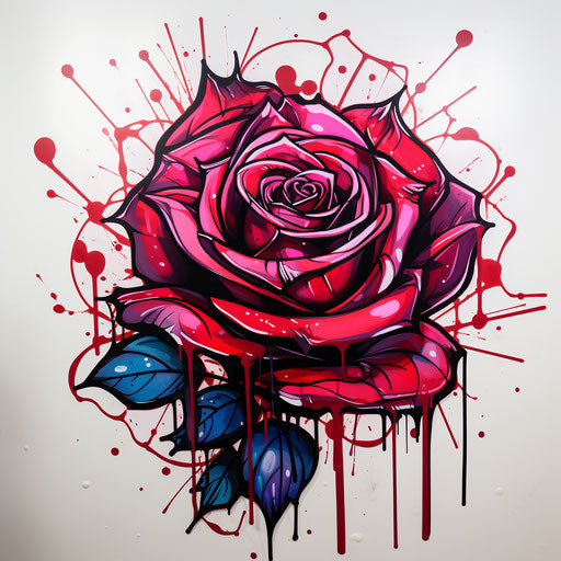Large rose tattoo print, cartoonish style, red and pink, graffiti-influenced, royalcore, shiny, simple, sgrafitto