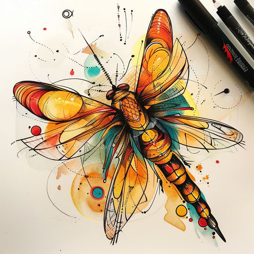 Whimsical sketch of a firefly with doodle-like lines and bright pops of color in clipart style