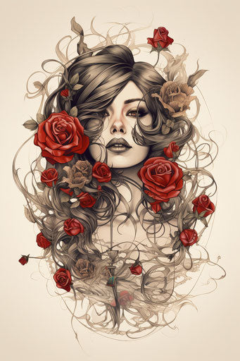 Vintage floral tattoo in red and bronze