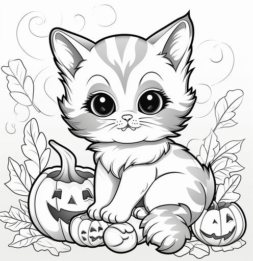 Kitten by a pumpkin, coloring sheet with black and white outline, commission for 27:28