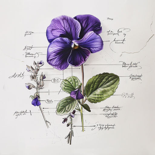 Botanical drawing of a violet flower tattoo with scientific labels and a touch of realism, on a white background.