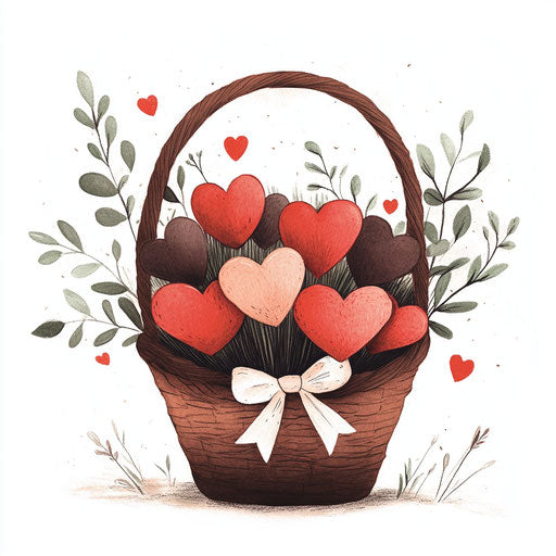 Charming basket of hearts with ribbon and greenery, Jon Klassen style on white background