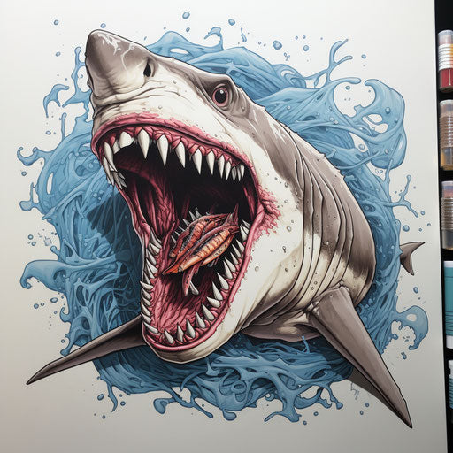 White shark with jaws open, Frank Cho style, dark silver