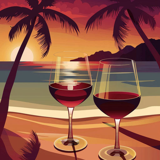 Realistic vacation clipart on a rich burgundy background