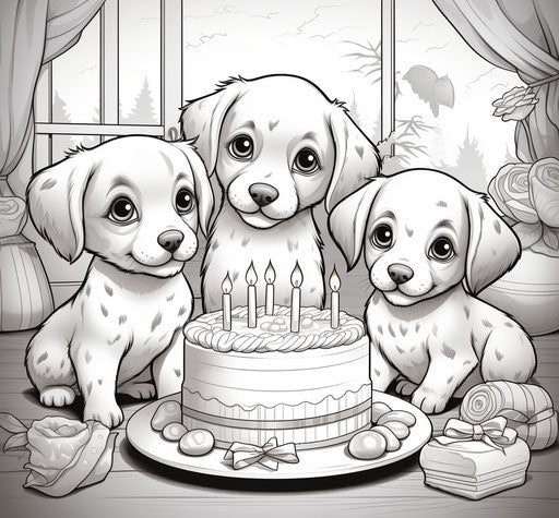 Happy birthday puppy coloring pages, artistic style