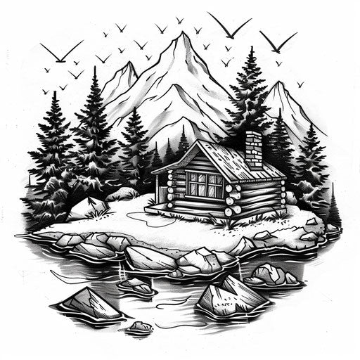 Sketch of log cabin surrounded by wilderness