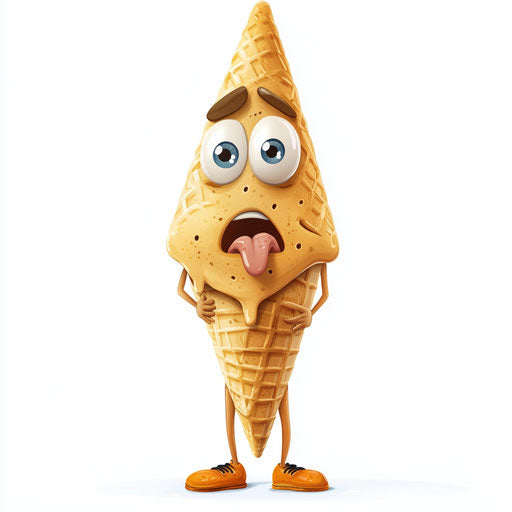 Humorous caricature of a cone caricature clipart with human characteristics, exaggerated full lips, with toes feet, bright colors, vibrant colors, cartoon style, surprised, high-resolution, no background, isolated -c 40